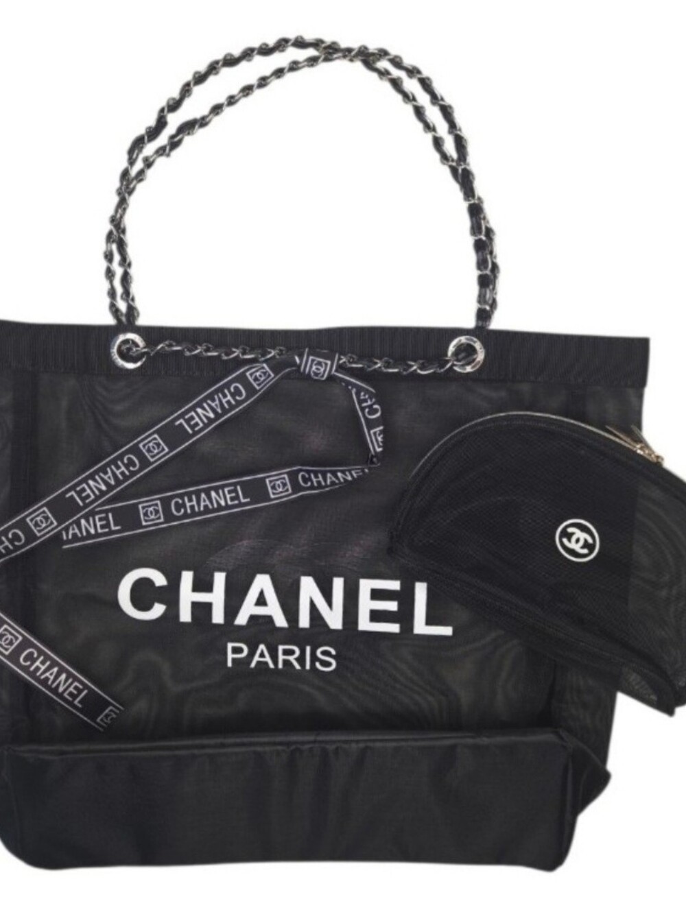 CHANEL Black Mesh Tote with Silver Chain Straps including Pouch